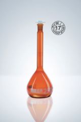 50mL Vol. Flask Glass Amber Class A, w/Poly stopper, S12/21, 5/Pk