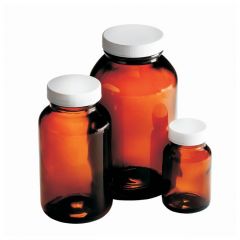 Fisherbrand™ Amber Wide Mouth Packer Bottles with White Polypropylene Pulp/Vinyl Cap
