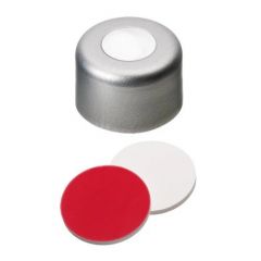 La-Pha-Pack™ 11mm Aluminum Crimp Seal, Silver, Center Hole, Assembled Septum, Red and White Silicon/PTFE