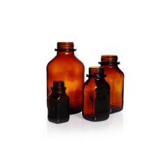 Square bottle, wide neck,amber, 1000 ml, without cap & pouring ring, soda-lime-glass