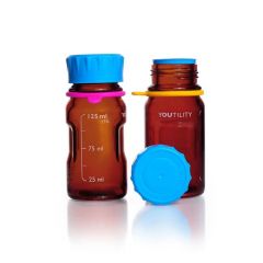 DURAN® YOUTILITY Bottle GL45, amber, with Screw cap, pouring ring, and Bottle tag, 125 ml