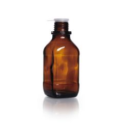 Square bottle, narrow neck, amber, 250 ml, with dust cap & pouring ring, soda-lime-glass