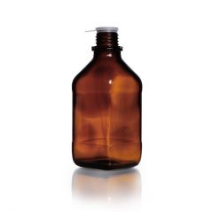 Square bottle, narrow neck, amber, 500 ml, with dust cap & pouring ring, soda-lime-glass